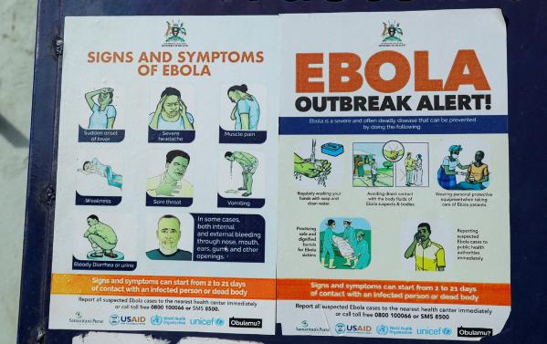 An advocacy poster against the spread of Ebola virus is placed along the walkway at the Platinum Medical Centre, as aid agencies intensify efforts to contain a new Ebola outbreak involving the Bundibugyo Virus in Kampala, Uganda, May 26, 2026. (Photo:Agencies)