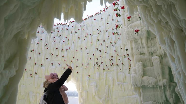 哈尔滨冰雪大世界“玫瑰冰瀑”吸引游客